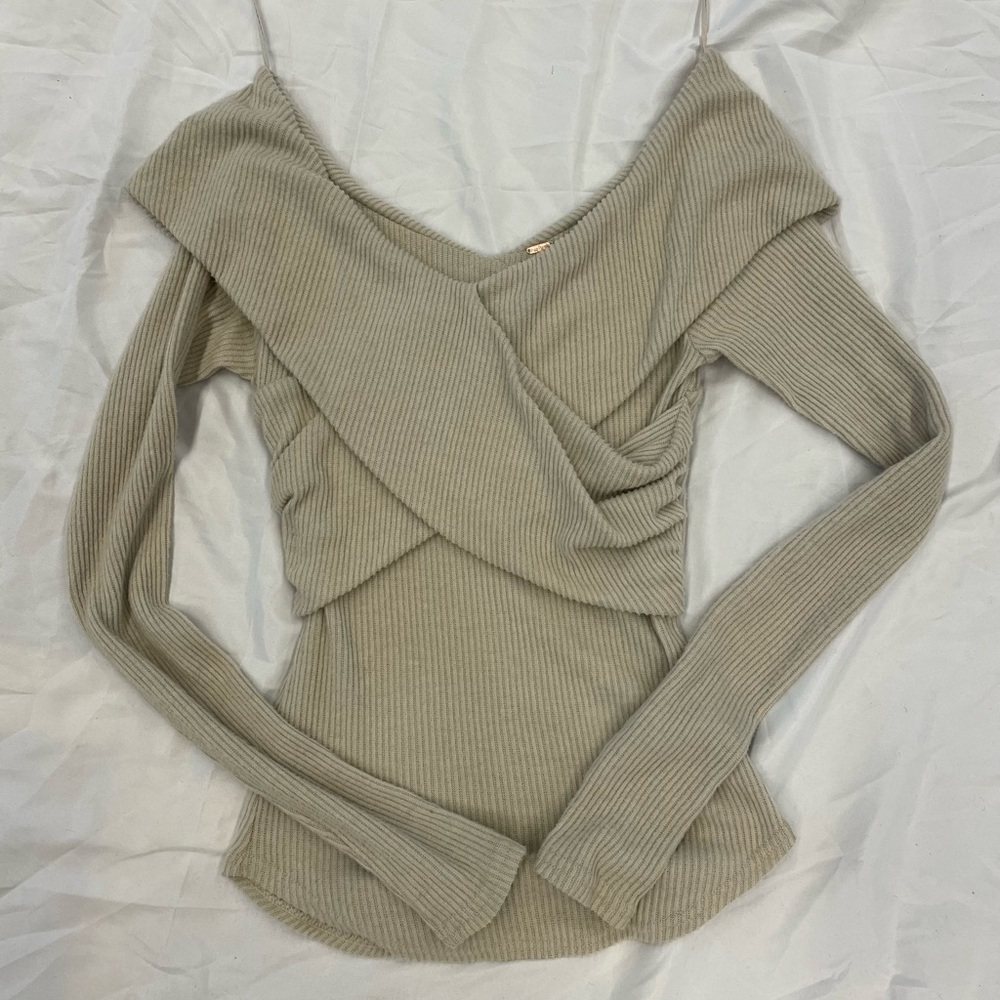 Free People Cream Ribbed Knit Top
